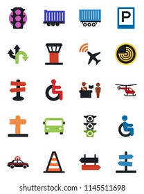 Color and black flat icon set - airport tower vector, plane radar, bus, parking, passport control, signpost, alarm car, border cone, helicopter, disabled, route, traffic light, truck trailer