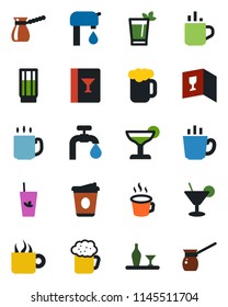 Color and black flat icon set - hot cup vector, coffee, water supply, alcohol, wine card, drink, cocktail, phyto bar, beer, turkish