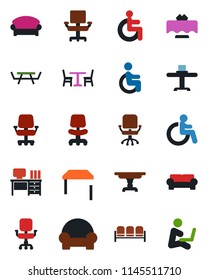 Color and black flat icon set - cafe vector, waiting area, disabled, office chair, desk, picnic table, cushioned furniture, restaurant, man with notebook