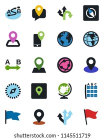 Color and black flat icon set - globe vector, seat map, route, navigation, earth, pin, mobile tracking, network, place tag, compass, flag