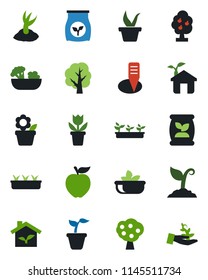 Color and black flat icon set - flower in pot vector, seedling, tree, sproute, plant label, fertilizer, fruit, salad, apple, eco house, palm