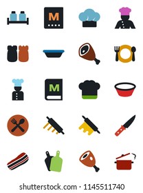 Color and black flat icon set - cook vector, cafe, hat, menu, bacon, salt and pepper, ham, bowl, rolling pin, cutting board, knife, steaming pan