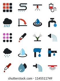 Color and black flat icon set - crisis graph vector, watering, water drop, rain, drip irrigation, dropper, menu, supply, sprinkler