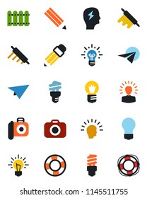 Color and black flat icon set - brainstorm vector, bulb, camera, pencil, fence, rolling pin, energy saving, shining head, idea, paper plane, crisis management