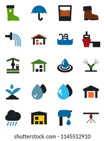 Color and black flat icon set - watering vector, boot, water drop, rain, well, sea port, umbrella, warehouse, pool, supply, drink, irrigation, sprinkler