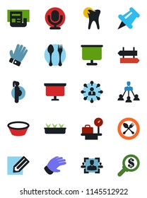 Color and black flat icon set - spoon and fork vector, signpost, luggage scales, hierarchy, presentation board, pencil, glove, seedling, caries, pregnancy, microphone, paper pin, news, hr, bowl