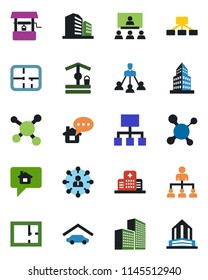 Color and black flat icon set - hierarchy vector, well, molecule, hospital, office building, garage, plan, home message