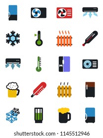 Color and black flat icon set - thermometer vector, heater, air conditioner, fridge, drink, beer, snowflake