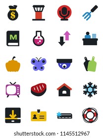Color and black flat icon set - airport tower vector, identity, garden fork, butterfly, pumpkin, tv, microphone, data exchange, download, manager desk, house, air conditioner, menu, steak, snowflake
