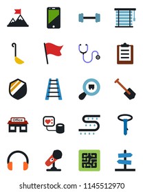 Color and black flat icon set - job vector, ladder, drip irrigation, stethoscope, blood pressure, barbell, store, shield, search cargo, microphone, cell phone, headphones, clipboard, ladle, chip