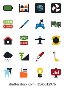Color and black flat icon set - luggage storage vector, bulb, rain, dropper, scalpel, tooth, gamepad, fingerprint id, cellular signal, battery, update, document folder, house, restaurant table, fan