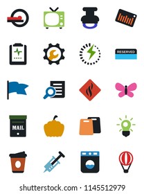 Color and black flat icon set - tv vector, document search, coffee, butterfly, pumpkin, syringe, tomography, pulse clipboard, barcode, charge, root setup, stamp, mailbox, reserved, cutting board