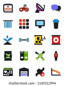 Color and black flat icon set - satellite antenna vector, flight table, manager, book, fertilizer, barbell, medical calendar, molecule, oil barrel, gamepad, monitor, menu, message, hr, garage