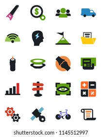 Color and black flat icon set - calculator vector, brainstorm, saw, bike, joint, signpost, satellite, car delivery, bar graph, news, document folder, wireless, plates, candle, gear, eye scan, group