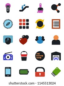 Color and black flat icon set - escalator vector, mouse, bucket, radio, remote control, cell phone, share, group, heart, menu, themes, user, network, compass, lock, battery, update, abacus, garage