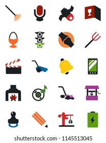 Color and black flat icon set - farm fork vector, rake, lawn mower, well, joint, satellite, traffic light, clapboard, microphone, mobile, bell, music, pencil, stamp, fireplace, crane, wine card