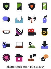 Color and black flat icon set - antenna vector, satellite, trash bin, speaking man, mouse, house, heart shield, navigation, video camera, network, cell phone, laptop pc, mail, mobile, message, home