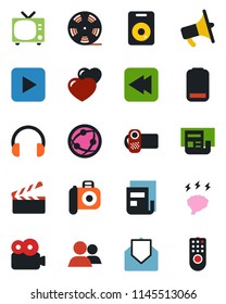 Color and black flat icon set - tv vector, brainstorm, clapboard, reel, camera, loudspeaker, video, network, headphones, speaker, group, heart, low battery, mail, play button, rewind, news