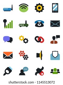 Color and black flat icon set - mobile phone vector, speaking man, gear, mail, satellite, speaker, chain, hdmi, message, wireless, cellular signal, router, group