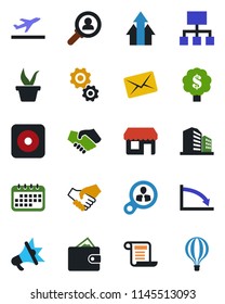 Color and black flat icon set - departure vector, seedling, rec button, consumer search, arrow up graph, gear, handshake, wallet, crisis, calendar, hierarchy, mail, advertising, contract, money tree