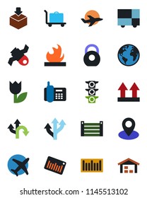 Color and black flat icon set - baggage trolley vector, route, earth, pin, plane, satellite, traffic light, office phone, container, consolidated cargo, up side sign, tulip, package, heavy, barcode