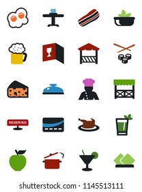 Color and black flat icon set - cook vector, restaurant table, wine card, reserved, reception, cocktail, phyto bar, beer, salad, bacon, alcove, credit, chicken, steaming pan, sushi, omelette, cheese
