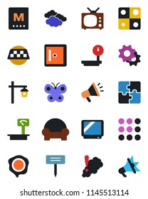 Color and black flat icon set - taxi vector, clouds, checkroom, stamp, butterfly, plant label, garden light, heavy scales, tv, menu, settings, application, cushioned furniture, smoke detector