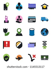 Color and black flat icon set - earth vector, pin, important flag, plane, traffic light, office phone, client, mobile tracking, truck trailer, cargo container, car delivery, term, warehouse storage