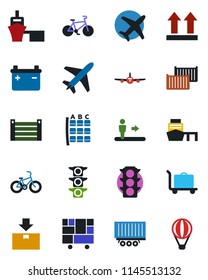 Color and black flat icon set - plane vector, baggage trolley, escalator, seat map, bike, traffic light, truck trailer, cargo container, sea port, consolidated, up side sign, package, battery