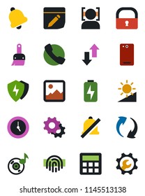 Color and black flat icon set - phone back vector, call, update, gallery, protect, settings, themes, calculator, clock, bell, notes, data exchange, mute, brightness, lock, face id, fingerprint