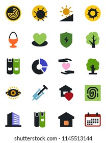 Color and black flat icon set - radar vector, office building, book, circle chart, tree, sun, heart, syringe, hand, protect, brightness, eye id, sweet home, smart, egg stand, fingerprint, calendar