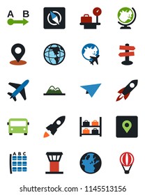 Color and black flat icon set - plane vector, airport tower, bus, globe, seat map, luggage storage, scales, signpost, route, place tag, compass, mountains, rocket, earth, paper, air balloon