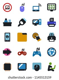 Color and black flat icon set - no laptop vector, wireless notebook, right arrow, mouse, printer, monitor pulse, gamepad, tv, touch screen, hdmi, network, folder, manager desk, chip, pc, man with