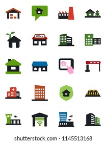 Color and black flat icon set - barrier vector, airport building, hospital, store, house, with tree, warehouse, office, city, factory, estate insurance, cafe, eco, home control app, warm floor