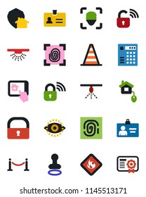 Color and black flat icon set - fence vector, identity, stamp, border cone, card, flammable, lock, face id, eye, home control, fingerprint, wireless, app, protect, combination, sprinkler