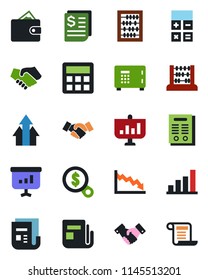 Color and black flat icon set - safe vector, handshake, calculator, abacus, receipt, news, bar graph, contract, arrow up, wallet, crisis, money search, presentation