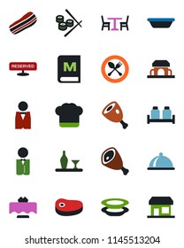 Color and black flat icon set - spoon and fork vector, cafe, waiter, dish, alcohol, restaurant table, cook hat, menu, reserved, plates, bacon, salt pepper, building, steak, ham, bowl, sushi