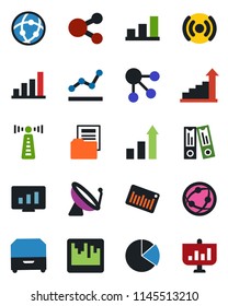 Color and black flat icon set - antenna vector, satellite, growth statistic, office binder, monitor, barcode, network, scanner, bar graph, pie, document folder, point, archive box, wireless