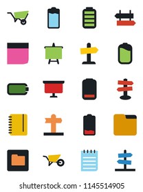 Color and black flat icon set - signpost vector, notepad, presentation board, wheelbarrow, battery, low, folder, blank box, guidepost