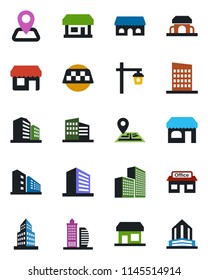 Color and black flat icon set - taxi vector, shop, office building, garden light, navigation, store, city house, cafe, storefront
