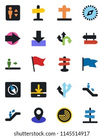 Color and black flat icon set - elevator vector, escalator, signpost, right arrow, radar, route, pin, download, compass, flag, guidepost