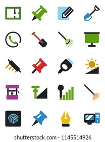 Color and black flat icon set - drawing pin vector, job, pencil, shovel, rake, well, hdmi, brightness, fingerprint id, cellular signal, presentation board, ink pen, plan, phone, rolling, pc