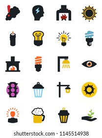 Color and black flat icon set - sun vector, brainstorm, garden light, eye, traffic, fireplace, beer, candle, smoke detector, bulb, energy saving, outdoor lamp, shining head, idea, palm sproute