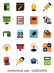 Color and black flat icon set - contract vector, calculator, graduate, desk, presentation board, pencil, notes, copybook, paper clip, abacus, ink pen, book, shining head