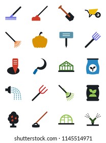 Color and black flat icon set - job vector, farm fork, rake, wheelbarrow, watering, hoe, sickle, plant label, pumpkin, greenhouse, fertilizer, fruit tree, irrigation