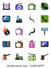 Color and black flat icon set - alarm clock vector, sickle, plant label, flame disk, radio, tv, phone, call, abacus, office, turkish coffee
