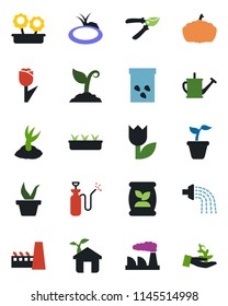 Color and black flat icon set - factory vector, seedling, watering can, sproute, pruner, pumpkin, seeds, pond, garden sprayer, fertilizer, tulip, flower in pot, eco house, palm