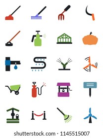 Color and black flat icon set - fence vector, garden fork, rake, wheelbarrow, well, hoe, sickle, plant label, pumpkin, greenhouse, sprayer, drip irrigation, windmill