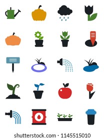 Color and black flat icon set - flower in pot vector, seedling, watering can, sproute, rain, plant label, pumpkin, pond, tulip, oil barrel, apple fruit, water filter