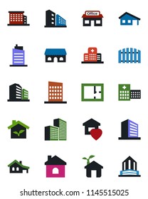 Color and black flat icon set - office building vector, house, hospital, store, with garage, fence, plan, sweet home, city, cafe, eco